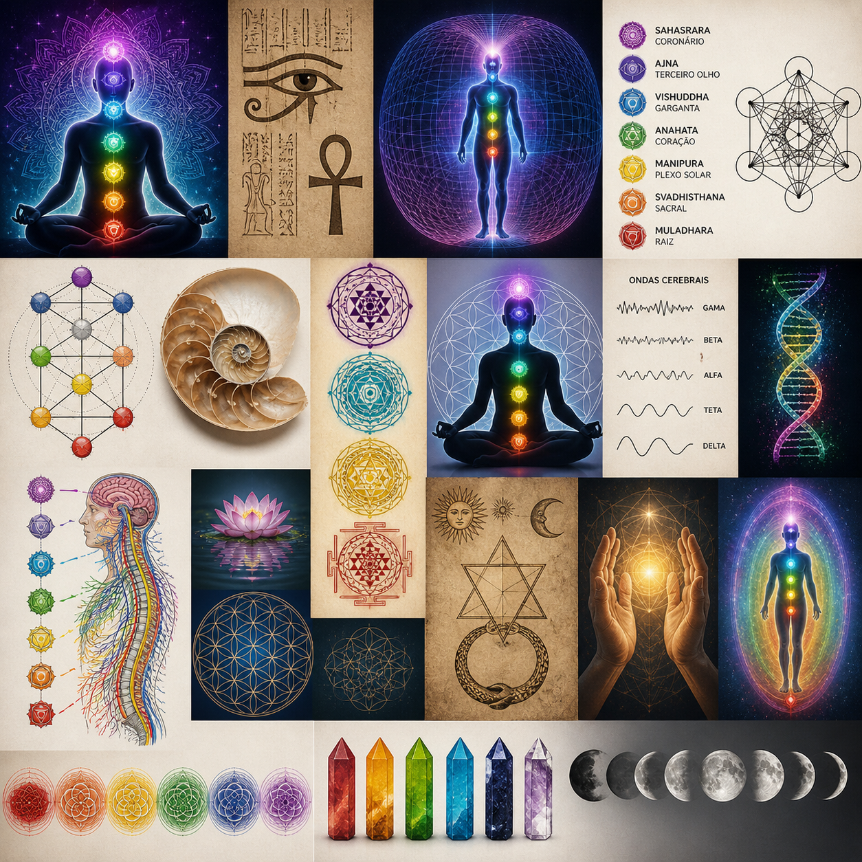 Símbolos ocultos — chakras, olho de hórus, geometria sagrada